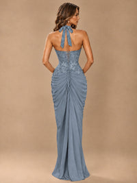 Sweetheart Halter Prom Dress Pleated Lace Floral Formal Dress with Slit