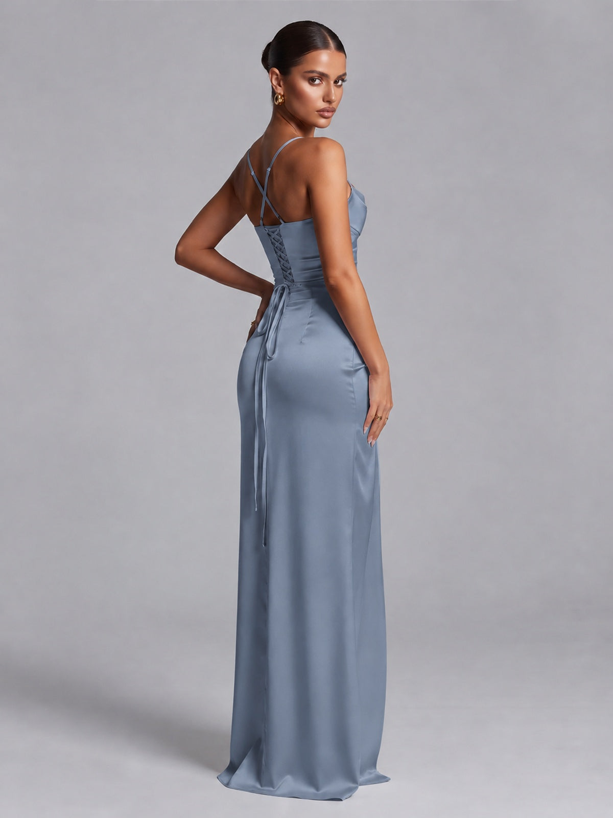 Square Neck Satin Long Prom Dress with Ruffles