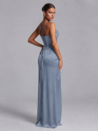 Square Neck Satin Long Prom Dress with Ruffles