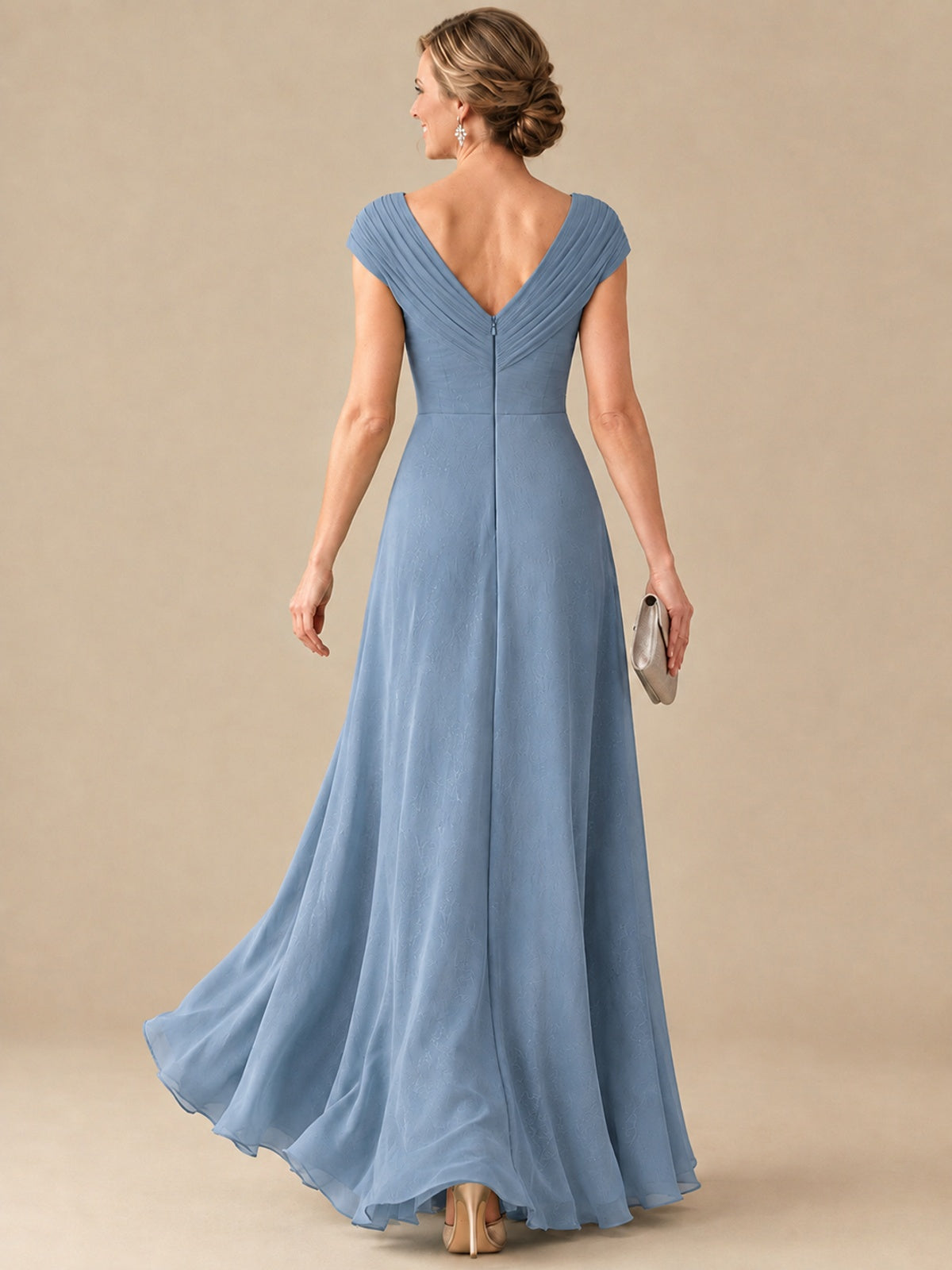 Pleated Chiffon Lace Mother of The Bride Dresses with Beading Cap Sleeves