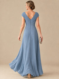Pleated Chiffon Lace Mother of The Bride Dresses with Beading Cap Sleeves
