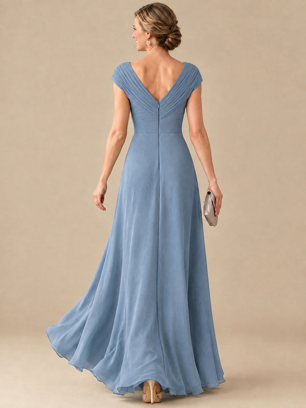 Pleated Chiffon Lace Mother of The Bride Dresses with Beading Cap Sleeves