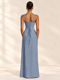 Square Neck Satin Sleeveless Ruched Prom Dress with High Slit