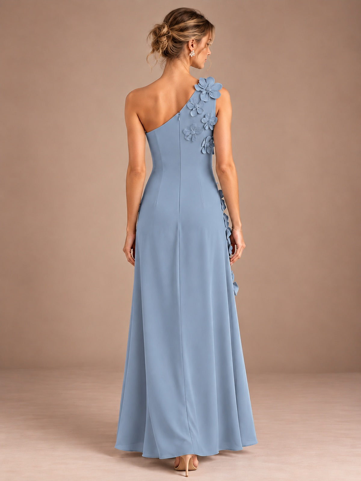 Sage Green One Shoulder Satin Formal Maxi Dress with 3D Floral