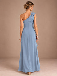 Sage Green One Shoulder Satin Formal Maxi Dress with 3D Floral