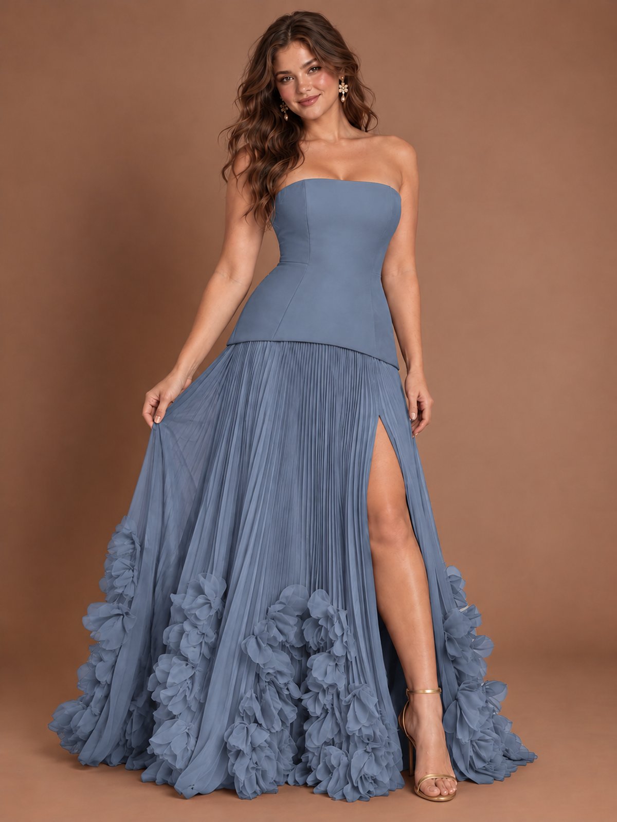 Strapless Pleated Floral Satin Formal Dress with Side Slit