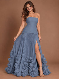 Strapless Pleated Floral Satin Formal Dress with Side Slit
