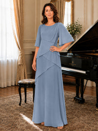 Asymmetric Draped Chiffon Mother of the Bride Dress with Flutter Sleeves