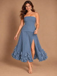 Navy Blue Strapless Pleated A-Line Midi Dress with 3D Floral Applique