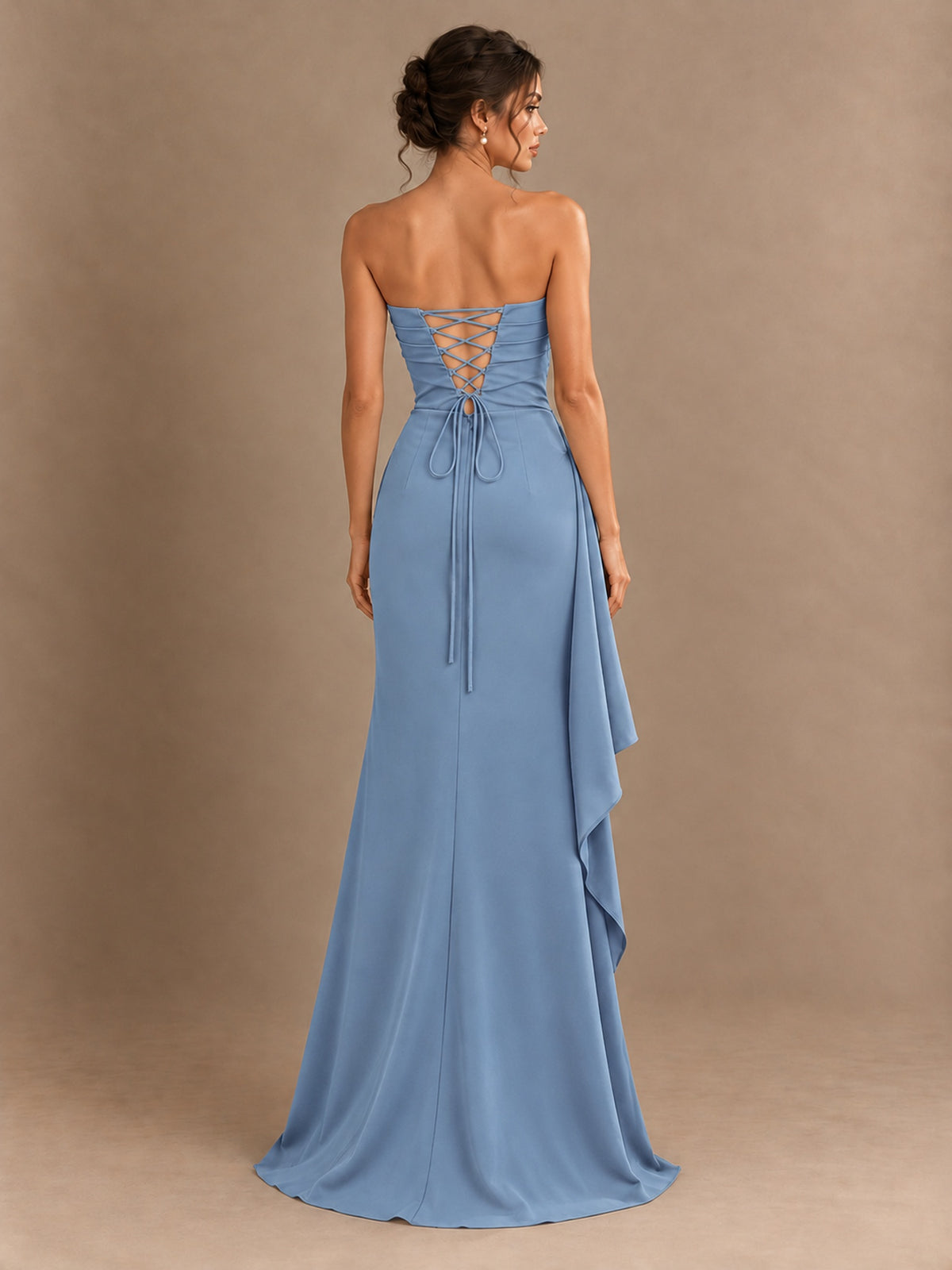 Black and White Strapless Ruched Prom Dress with High Slit & Side Drape