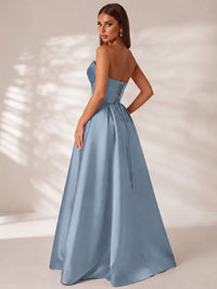 Strapless Corset Satin Prom Dress Long Evening Gown with High Slit