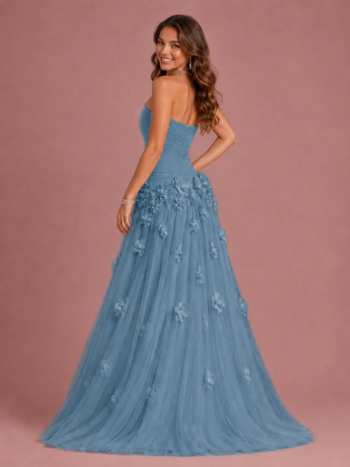 Blush Pink Strapless Sweetheart 3D Floral Tulle Ball Gown Prom Dres