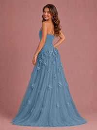 Blush Pink Strapless Sweetheart 3D Floral Tulle Ball Gown Prom Dres