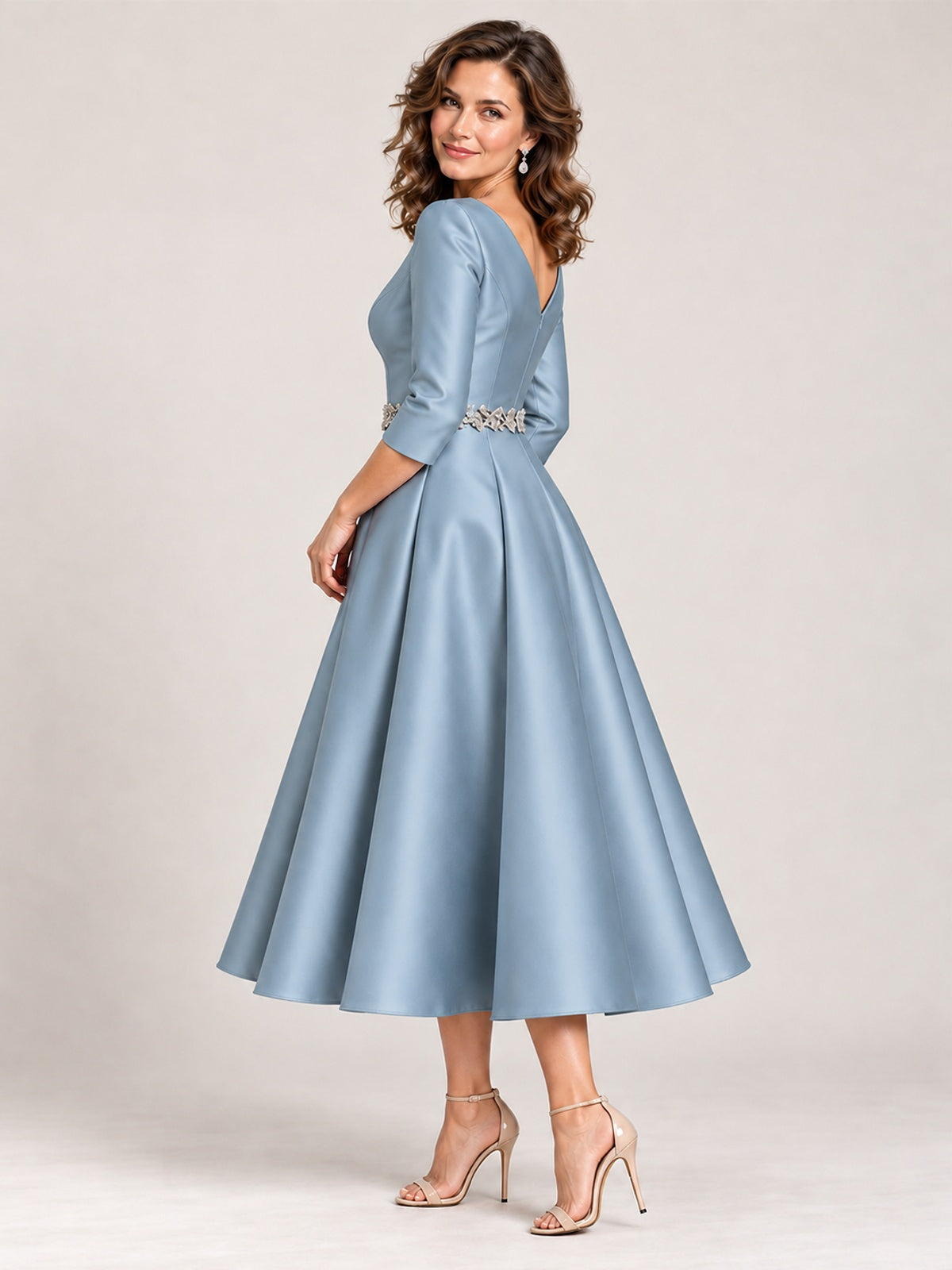 V-Neck Tea-Length Mother of the Bride Dress with Embellished Waist