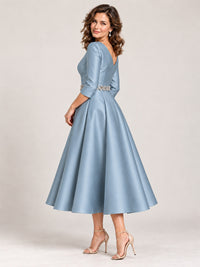 V-Neck Tea-Length Mother of the Bride Dress with Embellished Waist