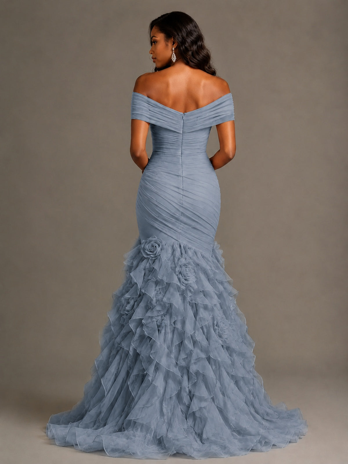 Pink Off-the-Shoulder Mermaid Prom Dress with Ruffles 3D Flowers