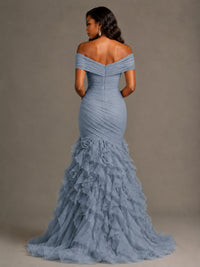 Pink Off-the-Shoulder Mermaid Prom Dress with Ruffles 3D Flowers