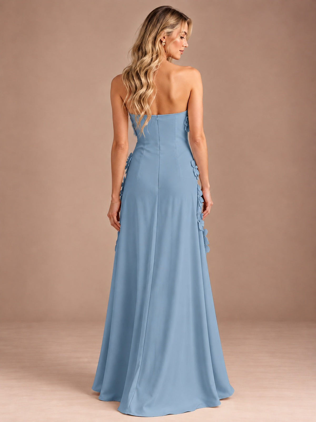 Yellow Strapless A-line Satin Maxi Dress with 3D Floral