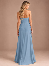 Yellow Strapless A-line Satin Maxi Dress with 3D Floral