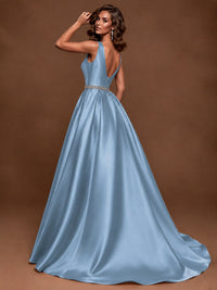 Satin A-Line Prom Dress Sleeveless Beaded Waist Formal Gown with Pockets