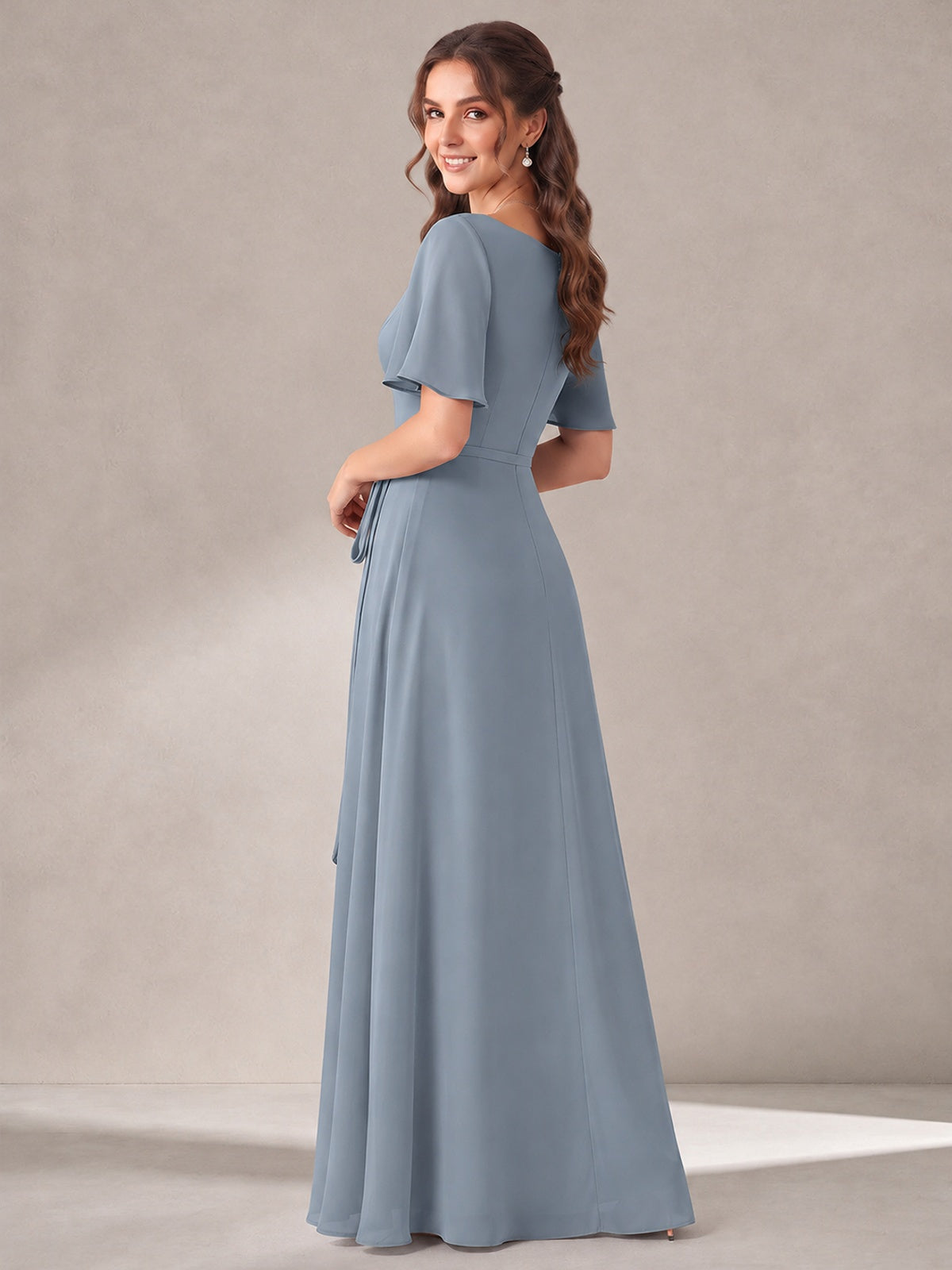 Scoop Neck A-line Chiffon Bridesmaid Dress with Flutter Sleeve & Belt