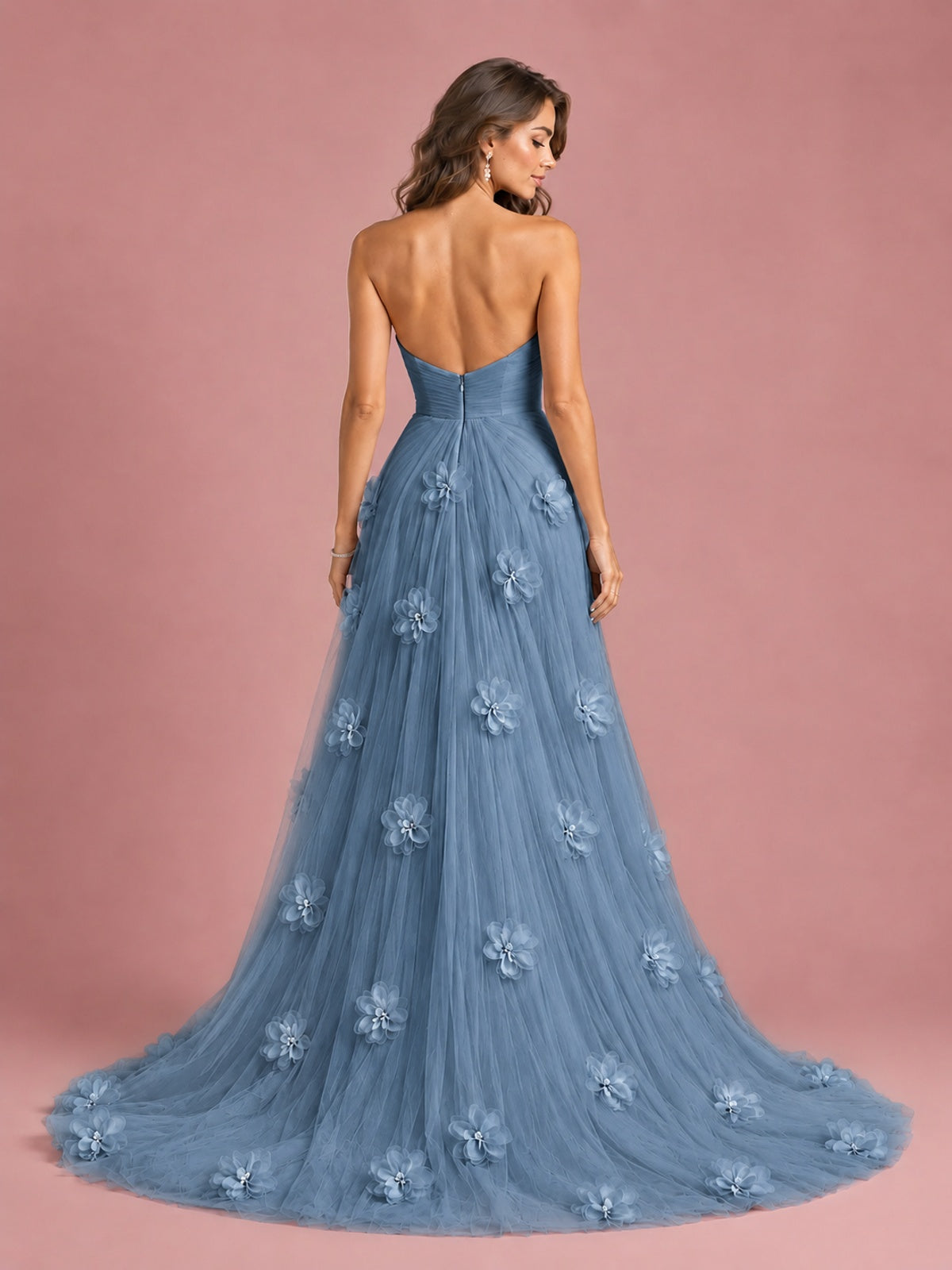 3D Floral Applique Strapless Tulle Prom Dress with High Slit