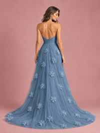 3D Floral Applique Strapless Tulle Prom Dress with High Slit