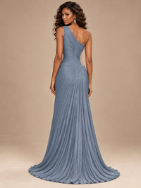Burgundy One Shoulder Ruched Prom Dress with High Slit & Beaded Waist