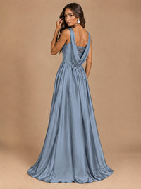 Cowl Neck Pleated Satin Prom Dress with Pockets & Slit Maxi Formal Gowns