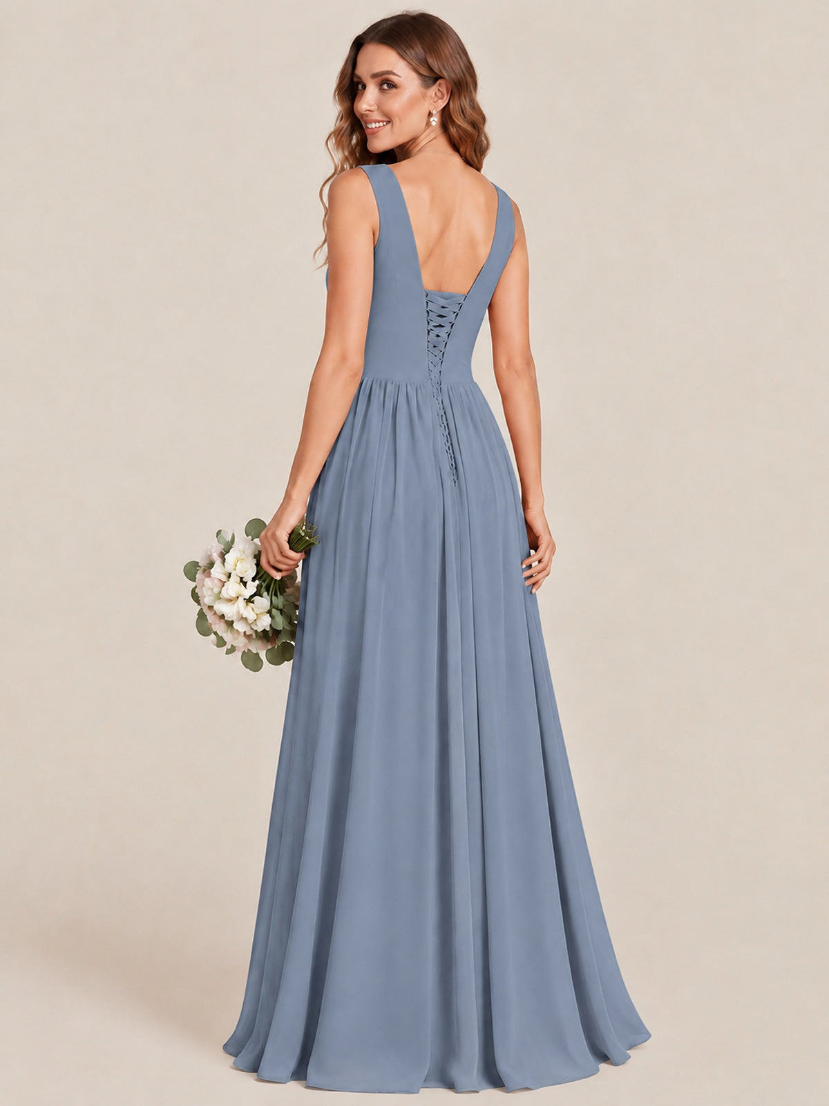 A-line Sleeveless Rucehd Chiffon Bridesmaid Dress with High Slit