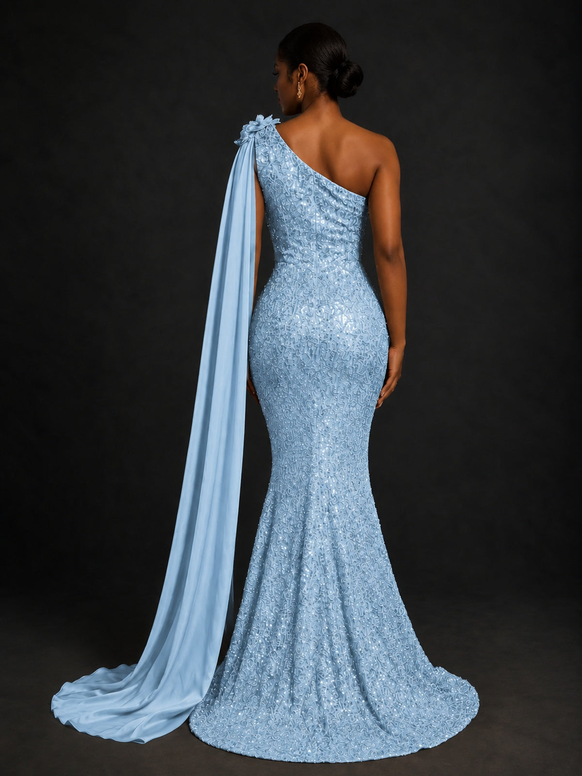 Gold Sequin One Shoulder Mermaid Prom Dress with Cape