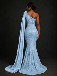 Gold Sequin One Shoulder Mermaid Prom Dress with Cape
