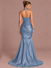 Sparkling Halter Corset Satin Mermaid Prom Dress