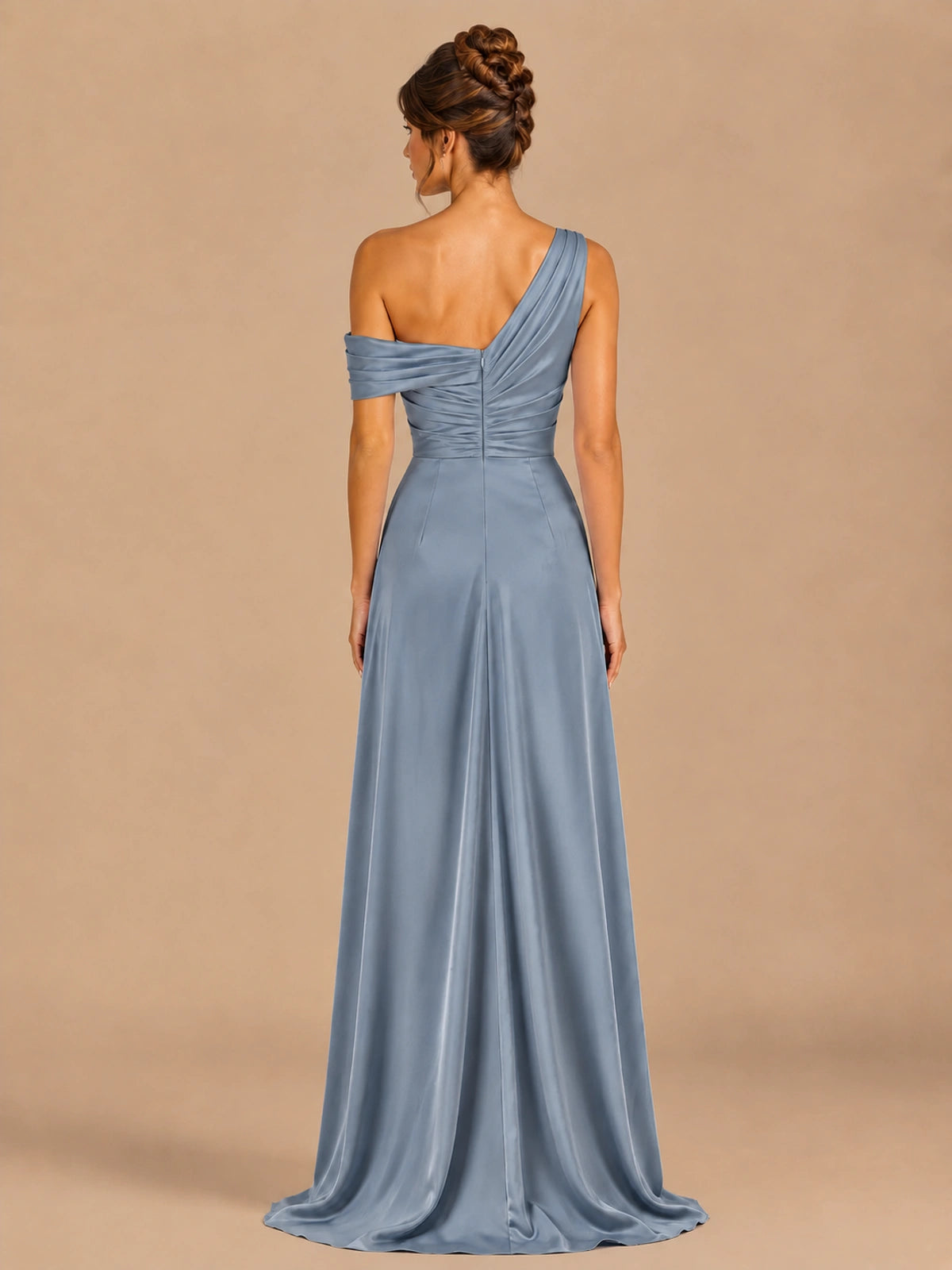 Satin One Shoulder Prom Dress Ruched Long Formal Evening Gown