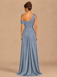 Satin One Shoulder Prom Dress Ruched Long Formal Evening Gown