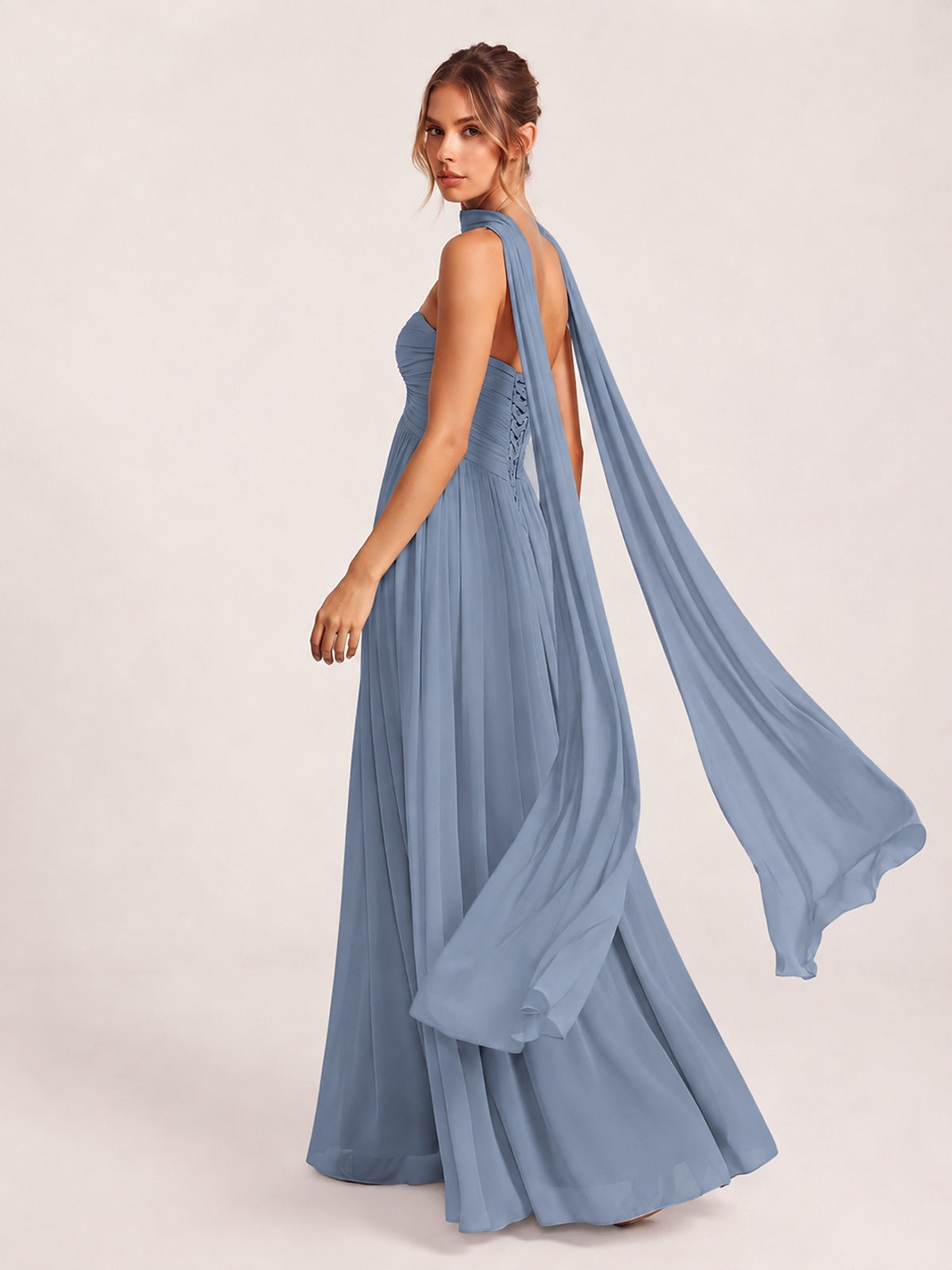 Strapless Ruched Chiffon Long Prom Dress with Scarf