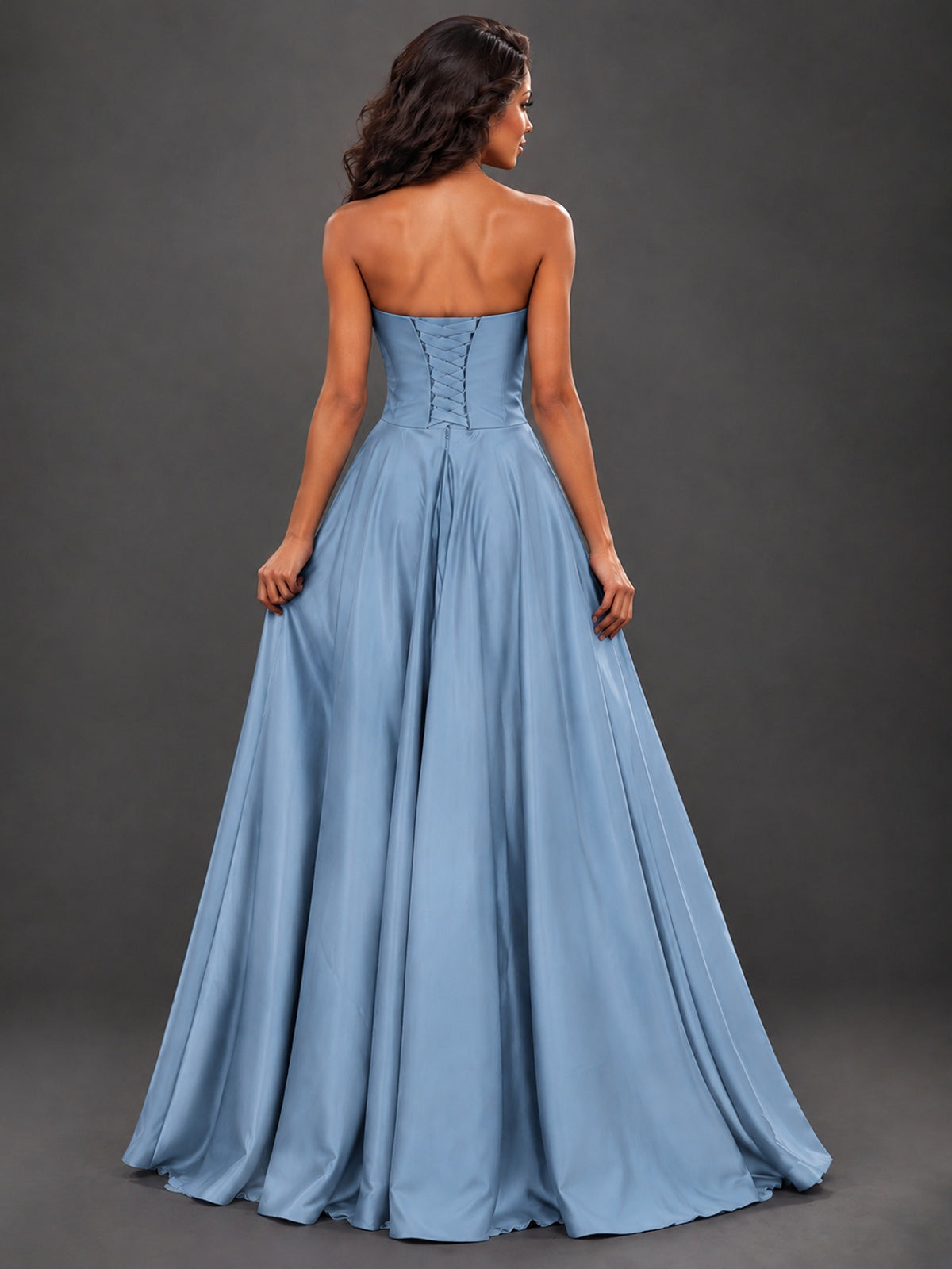 Draped Satin Prom Dress Strapless A-line Formal Dress Floor Length