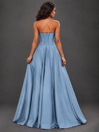 Draped Satin Prom Dress Strapless A-line Formal Dress Floor Length