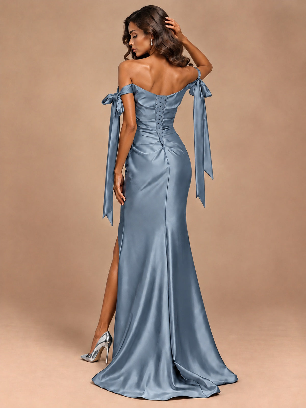 Off The Shuolder Satin Prom Dress Slit Mermaid Formal Gowns