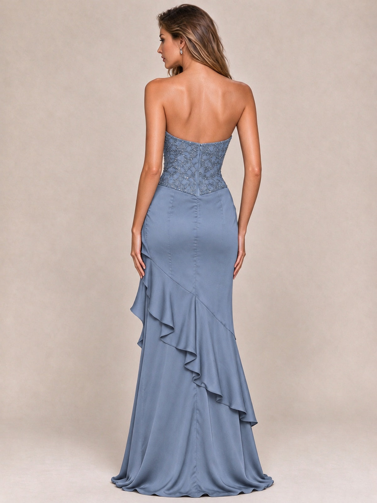 Strapless Lace Appliques Corset Satin Prom Dress Ruffle Slit Evening Gown