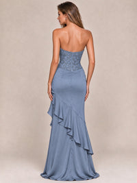 Strapless Lace Appliques Corset Satin Prom Dress Ruffle Slit Evening Gown