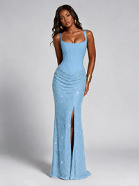 Sequin Corset Mermaid Prom Dress with Square Neck Wide Strap High Slit