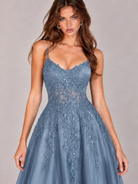 Lace Applique Satin A-Line Prom Dress with Sheer Bodice