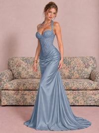 Sparkling Halter Corset Satin Mermaid Prom Dress