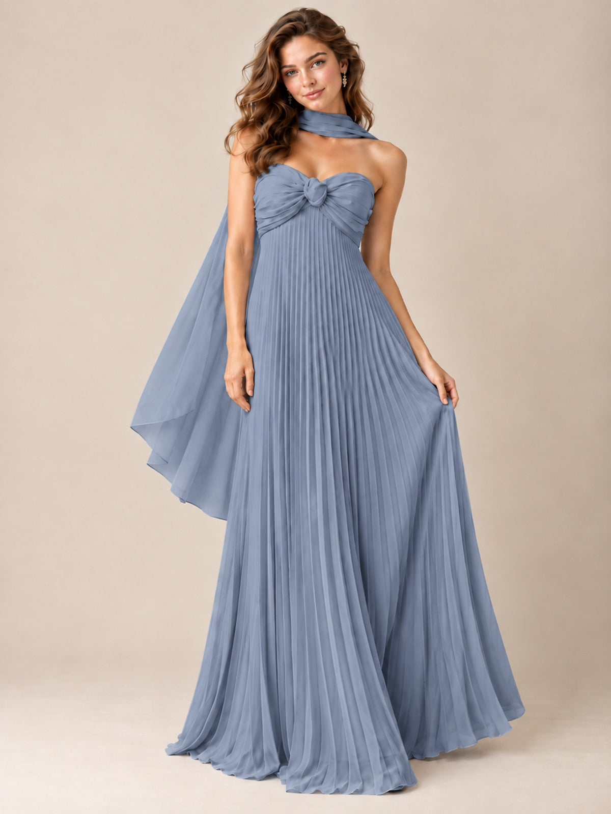 Sweetheart Neckline Pleated Prom Dress Strapless A-line Formal Dress with Flowy Scarf
