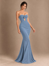 Emerald Green Strapless Mermaid Prom Dress with 3D Rose & Keyhole Cutout