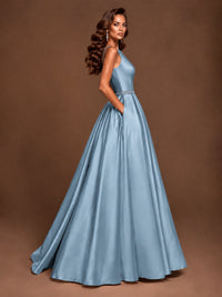 Satin A-Line Prom Dress Sleeveless Beaded Waist Formal Gown with Pockets