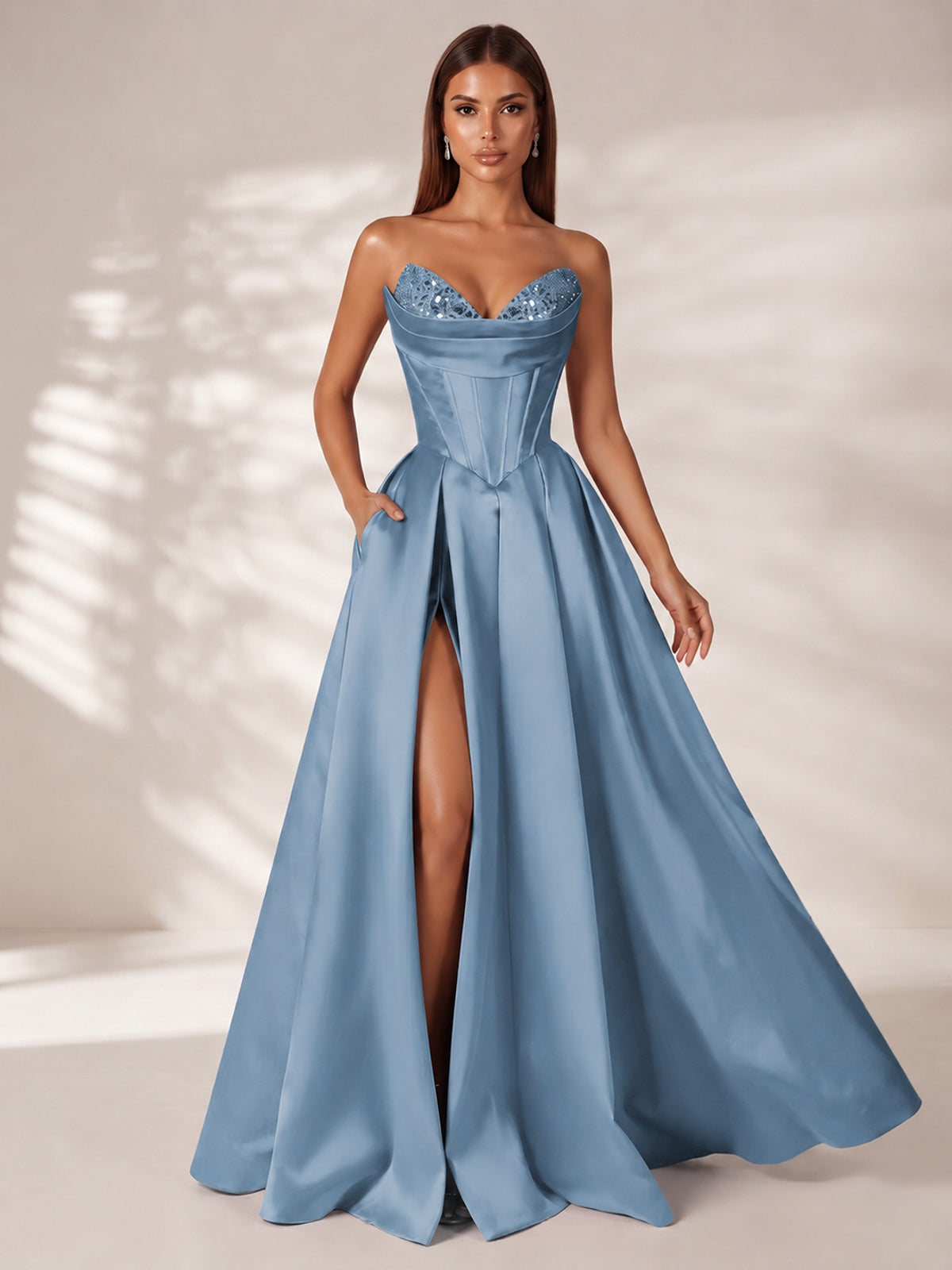 Strapless Corset Satin Prom Dress Long Evening Gown with High Slit