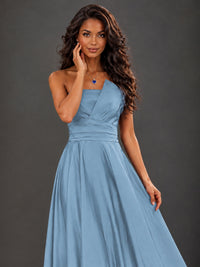 Draped Satin Prom Dress Strapless A-line Formal Dress Floor Length
