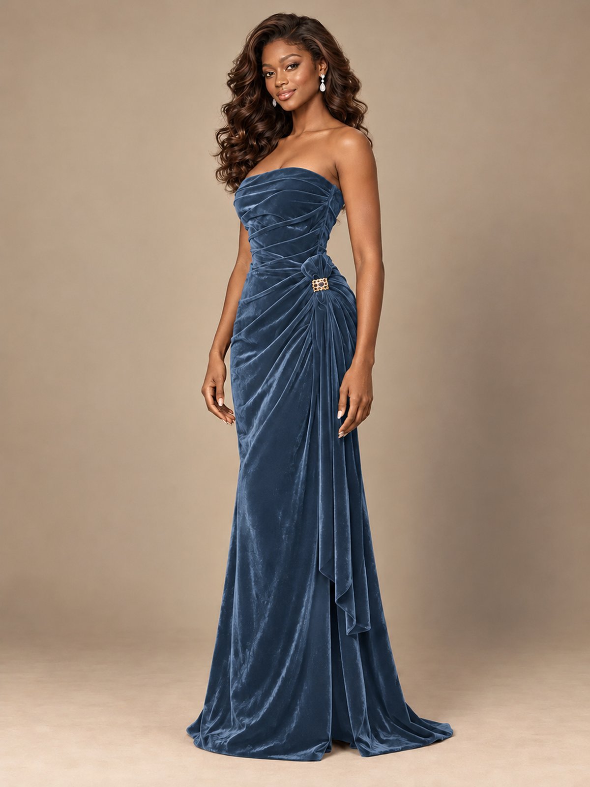Burgundy Velvet Strapless Ruched Prom Dress with Jeweled Side Drape